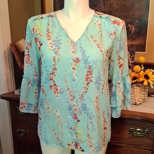 Aqua Floral Ruffle Sleeve Blouse Size S